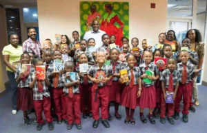 Prime Minister Dr. Roosevelt Skerrit with the students of Bellevue Chopin Primary School 