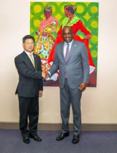 Prime Minister Dr. Roosevelt Skerrit with new Chinese Ambassador Chu Maoming 