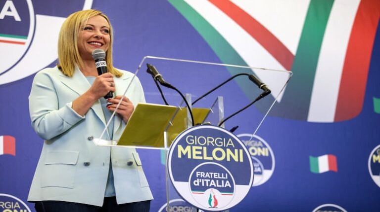 Giorgia Meloni, leader of the brothers of Italy party, delivers a speech during the party's general election night ceremony. After the Sunday election, exit polls indicated that Giorgia Meloni's coalition would win effortlessly. In the Italian election held on Sunday, Giorgia Meloni easily defeated her rivals