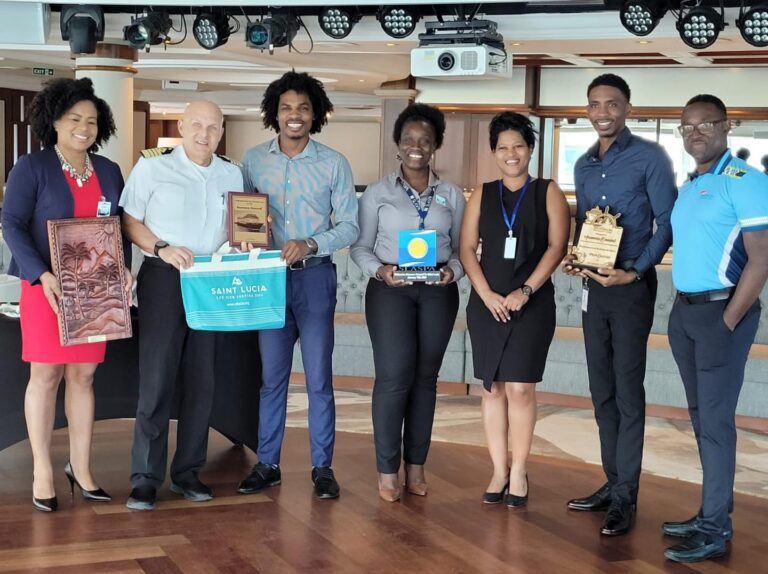 The Azamara Onward was officially greeted at La Place Carenage today by representatives from the Saint Lucia Tourism Authority, Saint Lucia Hospitality and Tourism Association, SLASPA, and the cruise agent. 620 people travelled on the ship captained by Captain Gianmario Sanguineti