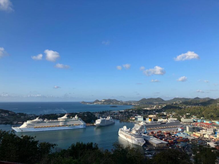 On Tuesday, March 14, 2023, four cruise ships arrived in Port Castries, Saint Lucia. The name of these giant vessels was Sirena, Silver Dawn, Costa Pacifica and Voyager of the seas