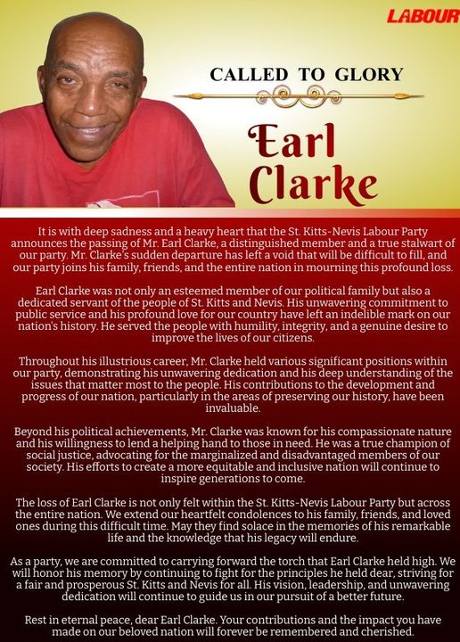 Basseterre, St Kitts and Nevis: PM Terrance Drew, Prime Minister of St Kitts and Nevis, sent his condolences over the demise of Earl Clarke, who is a poet, historian, activist, stalwart, and patriot. On his official Facebook account, PM Drew expressed that the news of the passing of Earl Clarke deeply saddens him