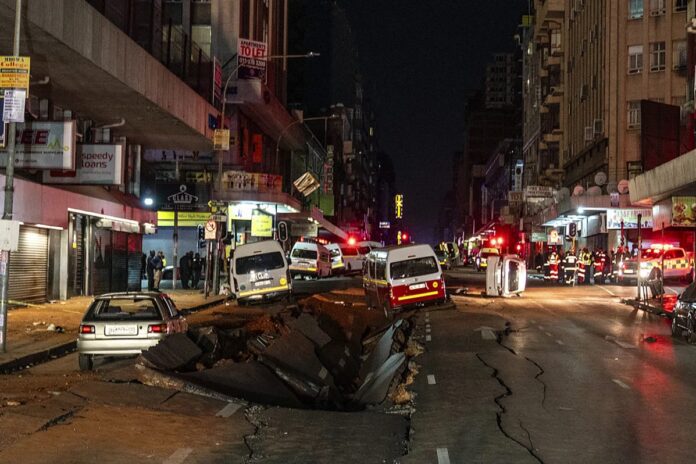 Johannesburg,South Africa: CCTV in Johannesburg, South Africa, captured the horrifying moment a busy road exploded, seemingly out of nowhere. The blast, which killed at least one person and left dozens more injured, sent vehicles flying into the air, with one man leaping out of the path of a minibus as it came crashing down