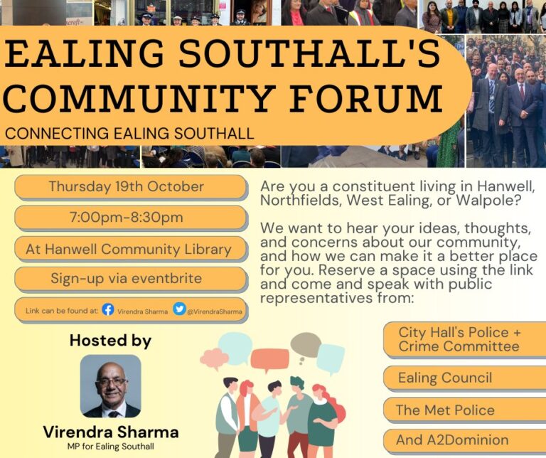 London, England: A community forum will be held on October 19, 2023, at Hanwell Community Library in London, England, announced Virendra Sharma, a member of the British Parliament, who announced this via his official Facebook account
