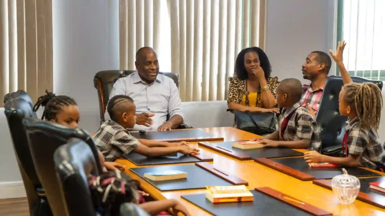 Prime Minister Dr. Roosevelt Skerrit with the students of Bellevue Chopin Primary School