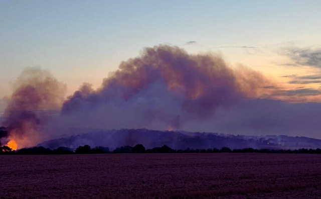 Firefighters and heavy machinery battle a massive forest fire near Harmanli, as smoke engulfs the region and flare-ups persist