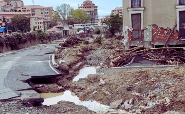 Flooded streets in Elenite, Bulgaria, after days of torrential rain caused widespread destruction across the country’s southeastern coast